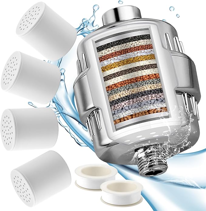 4 Pack 20 Stage Shower Head Filter Universal Replacement Cartridge with Sealing Tapes for Water Soften, Remove Heavy Metals, Iron, Other Sediments
