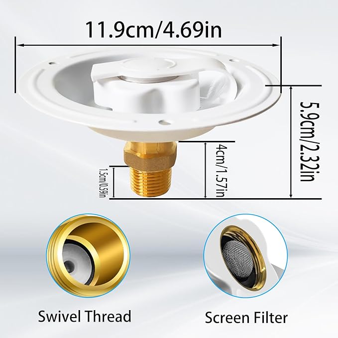 RV City Water Inlet With Check Valve, 3/4 NH Female to 1/2 NPT Male Flange Fresh Water Replacement, Dust Plug for Camper Motorhome, White