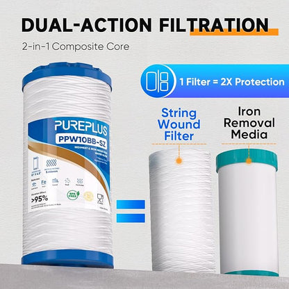 PUREPLUS 5 Micron 4.5"x10" Whole House Water Filter Combo, with String Wound Sediment & Iron Reducing Filter and Activated Carbon Block Filter, 1PACK