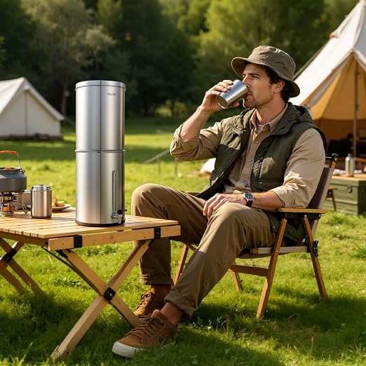 VEVOR Gravity-fed Water Filter System, 3.25G 304 Stainless-Steel Countertop Water Filtration System, Reduces Lead and up to 99% of Chlorine, with 2 Carbon Filters, Water Level Spigot, for Home Camping