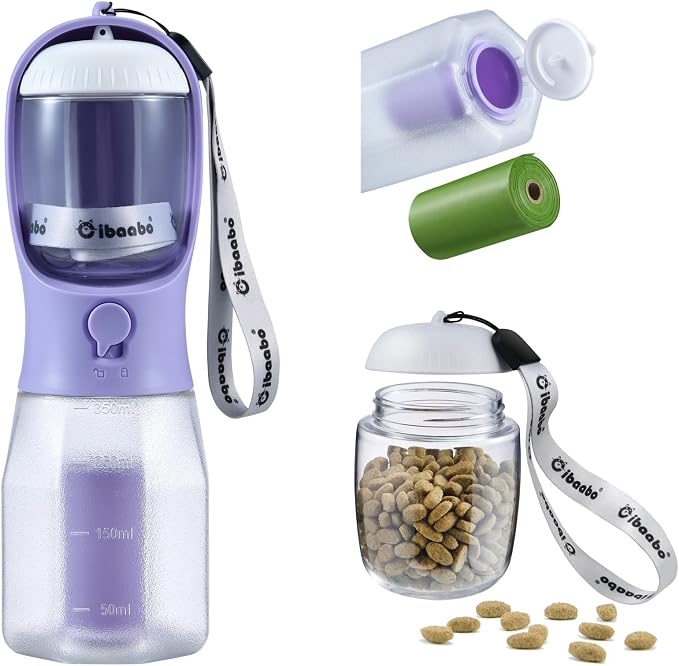 Cibaabo Dog Water Bottle with Food Container & Poop Bag Holder & Filter | Travel Water Bowl, Portable Pet Dispenser, Dog Gifts, Puppy Essentials for Walking Hiking