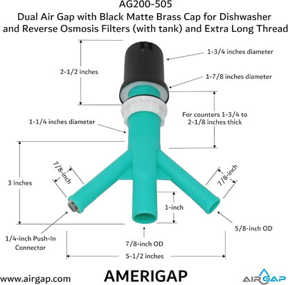 Dual Air Gap with Black Matte Brass Cap for Dishwasher and Reverse Osmosis Filters (with tank) and Extra Long Thread (AG200-505, AG200-X05, AMERIGAP)