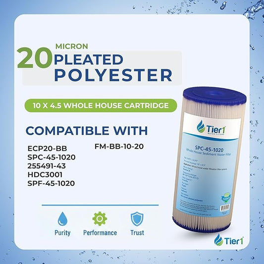 Tier1 20 Micron 10 Inch x 4.5 Inch | 4-Pack Pleated Whole House Sediment Water Filter Replacement Cartridge | Compatible with Pentek ECP20-BB, Hydronix SPC-45-1020, 255491-43, Home Water Filter