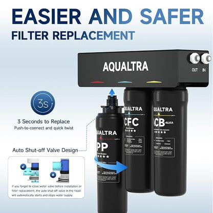 AQUALTRA USF-3B-10 Slightly Alkaline Under Sink Filter System, 8K-32K Gal, Reduce PFOA, PFOS, Chlorine, Lead, Mercury, Chloramine, Fluoride, Microplastics Particles, Bad Taste & Odor