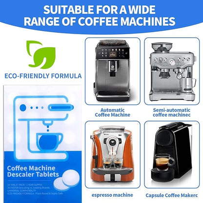Coffee Machine Cleaning Tablets, Machine Descaler Tablets, 24PCS Coffee Machine Descaler Tablets - Plant-Based Universal Cleaner for Keurig Nespresso Delonghi, Deep Cleaning Descaling Solution (24PCS)