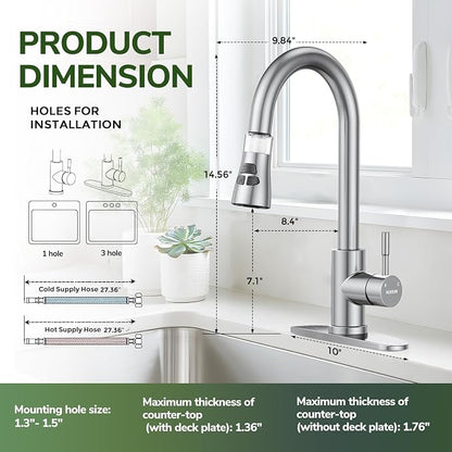Kitchen Faucet With Pull Down Sprayer, Hurran Brushed Nickel Water Filter Faucets, High Arc Single Handle Kitchen Sink Faucet 1 or 3 Hole, Utility Sink Faucets With Deck Plate For Farmhouse Rv Wet Bar
