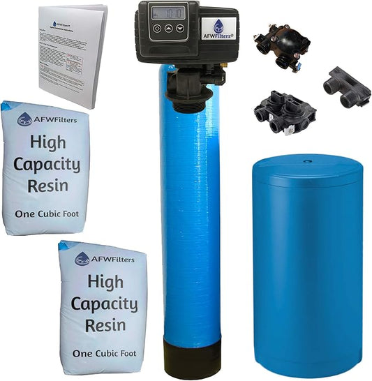 AFWFilters 2 cubic Foot (64k) Whole Home Water Softener with High Capacity Resin, 1" Plastic MNPT Connection, and Blue Tanks
