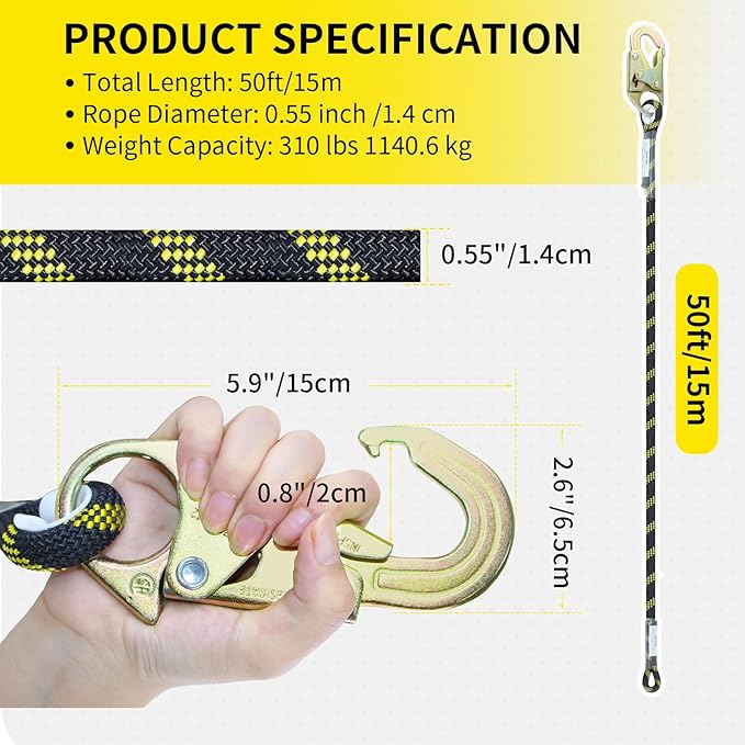 50FT Vertical Lifeline Assembly, Heavy Duty Fall Protection Safety Rope with Rope Grab, Steel Snap Hooks & Shock Absorber, Roofing Tree Climbing Rope Line Kit, ANSI CE