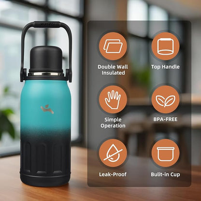 Konokyo Insulated Water Bottle with Handle and Strap,Vacuum Travel Tumbler with Cup Lid,Thermo Coffee Cup for Hot Cold Drinks 40 OZ,TealBlack