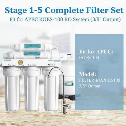 1-5 Stage ROES-100 100 GPD RO Water Filter Set Replacement Fit for APEC ROES-100 Reverse Osmosis System, Model FILTER-MAX-ES100 (3/8" Output)