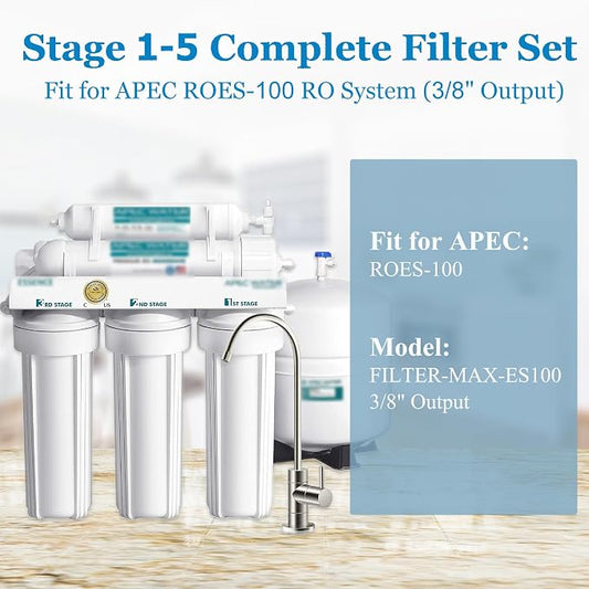 1-5 Stage ROES-100 100 GPD RO Water Filter Set Replacement Fit for APEC ROES-100 Reverse Osmosis System, Model FILTER-MAX-ES100 (3/8" Output)