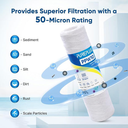PUREPLUS 50 Micron 10"x2.5" Whole House String Wound Sediment Filter for Well Water, Replacement Cartridge for Universal 10 inch RO System, WP-5, AP110, CFS110, Culligan P5, WFPFC4002, 4Pack