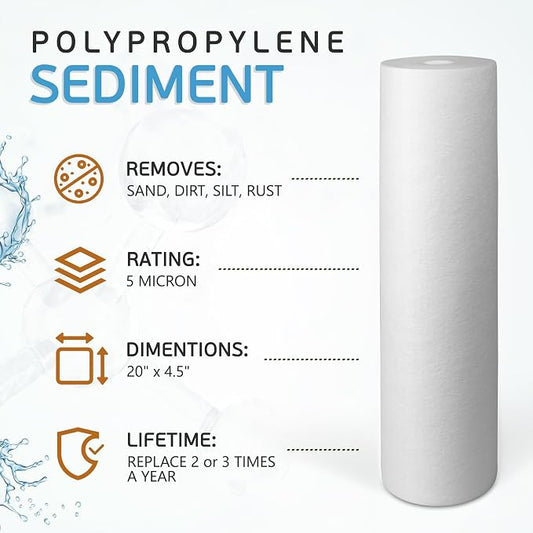 Ronaqua 20" x 4.5" Big Sediment Replacement Water Filter Cartridge, 5 Micron, NSF Certified, for Whole House, Compatible with 155358-43, 2PP20BB1M, AP810-2, FPMB-BB5-20, P5-20BB, SDC-45-2005, 4 Pack