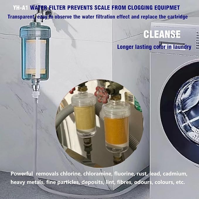 1 Micron Washing Machine Water Filter, Washer Water Filter System, For Washing Machine, Faucet, > 99.5% Removal of Chlorine Fluoride, Heavy Metals, Odor, Reusable Carbon Shower Filter