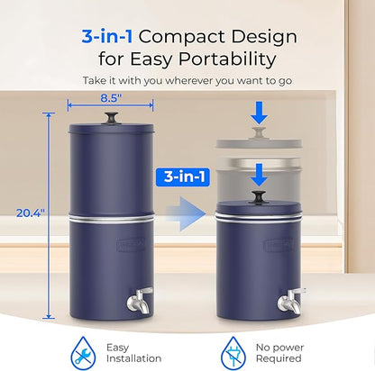 Waterdrop TK-AP Gravity Water Filter System, NSF/ANSI 42&372 Standard, Stainless Steel Water System with 2 Carbon Filters, Reduces Lead and Chlorine for Home, Emergencies, Blue, 2.25G