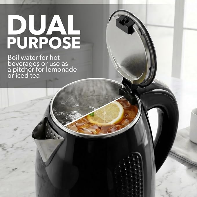 OVENTE 1.7L Double Wall Electric Tea Kettle, 1100W Water Boiler and Heater with Cool-Touch Exterior, Stainless Steel Insulated Interior, Auto Shut-Off, Boil-Dry Protection & Locking Lid, Black KD64B