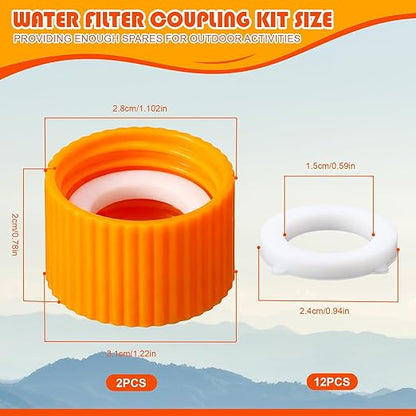 Gerrii 2 Pcs Water Filter Coupling Kit Compatible with SP150, 28 mm Threaded Filtration Couplings for Standard Plastic Bottles, Cleaning Couplers with Gasket Seals for Hiking, Camping (Orange)