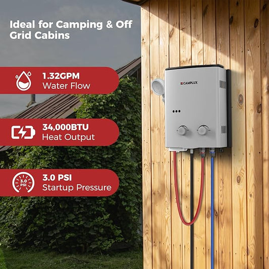 CAMPLUX 1.32 GPM Tankless Water Heater Portable, 5L Outdoor Propane Water Heater for Camping Trip with Overheating Protection, AY132G, Gray