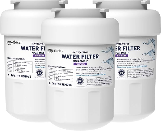 Amazon Basics Replacement Water Filter Cartridge Compatible with GE MWF Refrigerator, NSF Certified, No Leaks, Fits Perfectly, Compatible with GE and Kenmore, 3-Pack