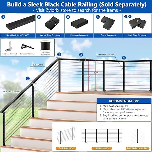 36" T304 Cable Railing Post(Post 35"x2"x2"), Level Drilled Railing Post with Cable Grommets, Modular Fixed Top Mount Cable Handrail Post, Stainless Steel Black Finish Indoor Outdoor Deck Post