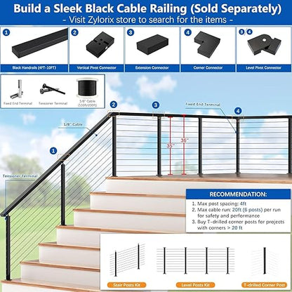 36" T304 Cable Railing Post(Post 35"x2"x2"), Level Drilled Railing Post with Cable Grommets, Modular Fixed Top Mount Cable Handrail Post, Stainless Steel Black Finish Indoor Outdoor Deck Post