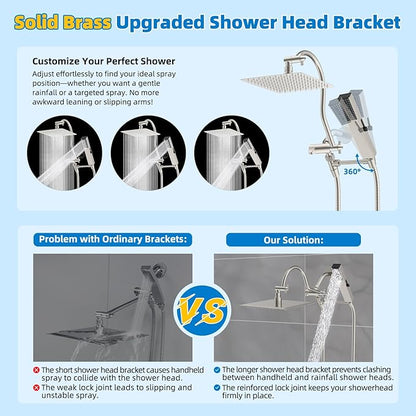 Hibbent All Metal cUPC Certified Shower Head, 10'' High Pressure Rainfall Showerhead Combo, Handheld Shower Wand, 12'' Adjustable Extension Arm, 4-Spray, 71'' Hose, Shower Holder, Brushed Nickel