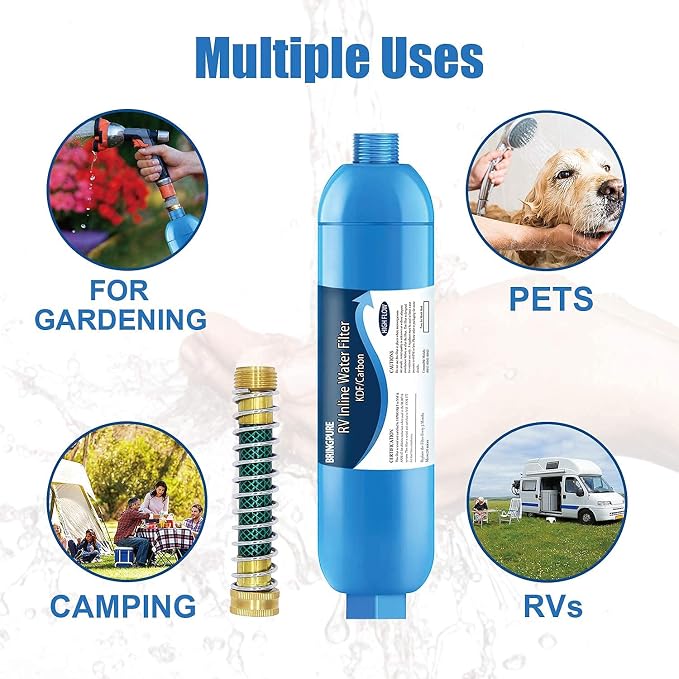 Bringpure RV Water Filter with 90 Degree Elbow and Flexible Hose Protector | NSF 42/372 Certified, Reduce Chlorine, Odor, Taste, Rust and Fluoride in Drinking Water, Dedicated for RV and Marine, 2 Pack