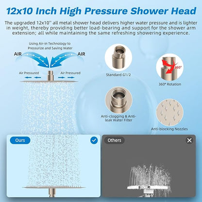 Hibbent cUPC Certified All Metal 12" Rainfall Showerhead Combo, High Pressure Shower Head with 10-Sprays Handheld, Innovative 4-way Diverter with Pause Mode, 71'' Shower Hose & Holder, Brushed Nickel