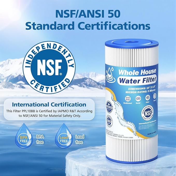 5 Micron 10" x 4.5" Whole House Water Filter Compatible with GE FXHSC, GXWH40L, Plumber W50PEHD, Culligan R50-BBSA, Pentek R50-BB, W10-PR, DuPont WFHDC3001, W50PEHD, High Flow Sediment Filters, 4 Pack