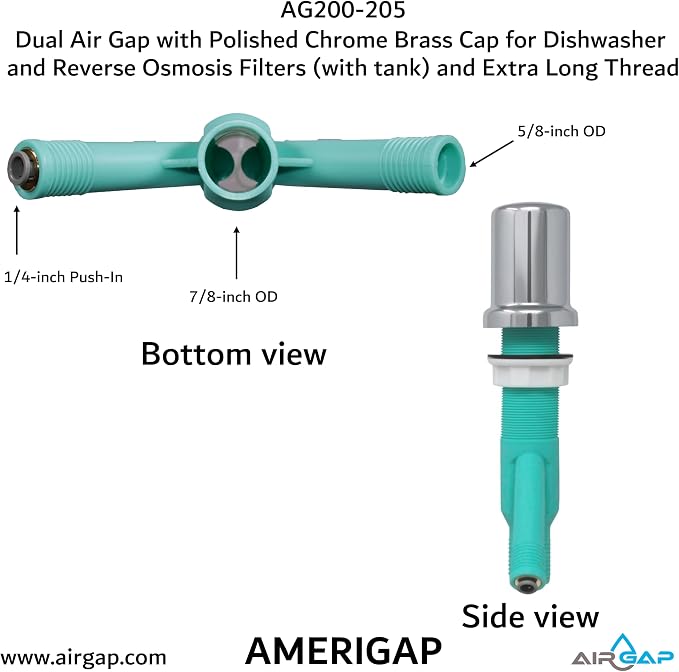 Dual Air Gap with Polished Chrome Brass Cap for Dishwasher and Reverse Osmosis Filters (with tank) and Extra Long Thread (AG200-205, AG200-X05, AMERIGAP)