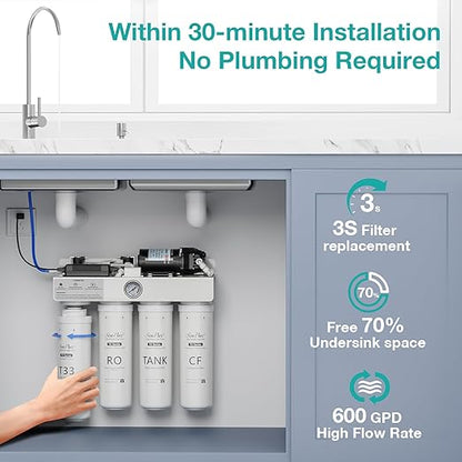 SimPure T2-600T Reverse Osmosis Water Filter System, Clear Water Near 0 TDS, NSF/ANSI 58 Certified, Built-in Pressure Tank Filter, UV, 600 GPD 8 Stage RO Filtration 2:1 Pure to Drain Ratio
