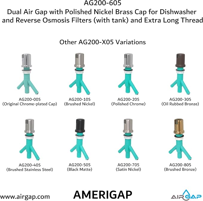 Dual Air Gap with Polished Nickel Brass Cap for Dishwasher and Reverse Osmosis Filters (with tank) and Extra Long Thread (AG200-605, AG200-X05, AMERIGAP)
