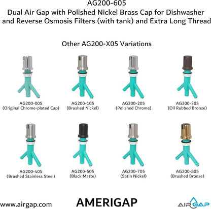 Dual Air Gap with Polished Nickel Brass Cap for Dishwasher and Reverse Osmosis Filters (with tank) and Extra Long Thread (AG200-605, AG200-X05, AMERIGAP)
