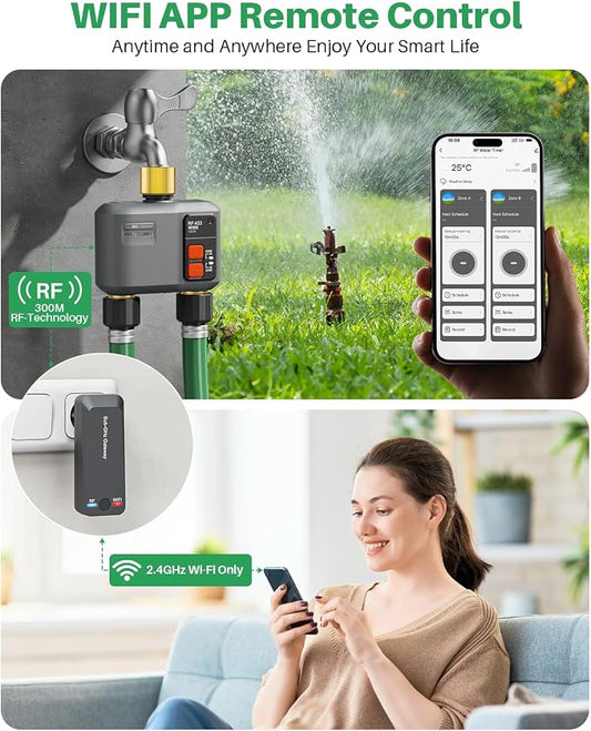 WiFi Sprinkler Timer 2 Zone with 984 Feet RF Gateway/Brass Inlet & Outlet, 2 Outlet Smart Water Timer for Garden Hose with Rain Delay/Manual/Automatic,WiFi Water Hose Timers for Garden & Lawns