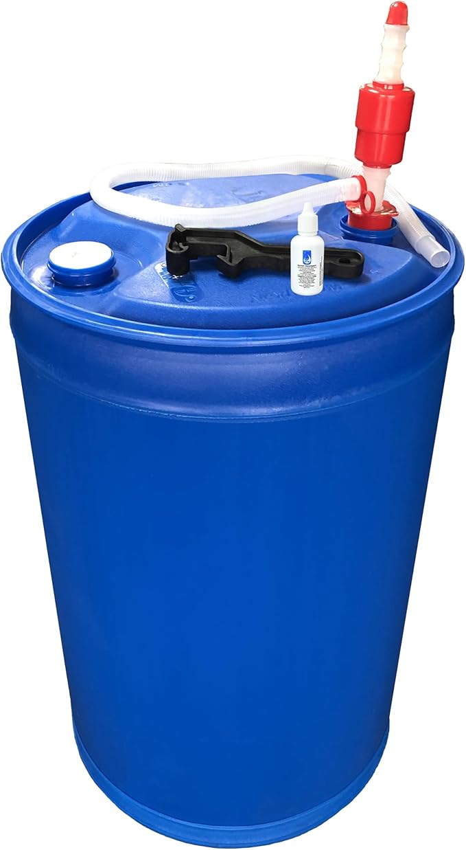 Augason Farms Water Treatment and Storage Kit, 55-Gallon Water Barrel, BPA Free, Liquid Water Treatment Drops, Siphon and Hand Pump