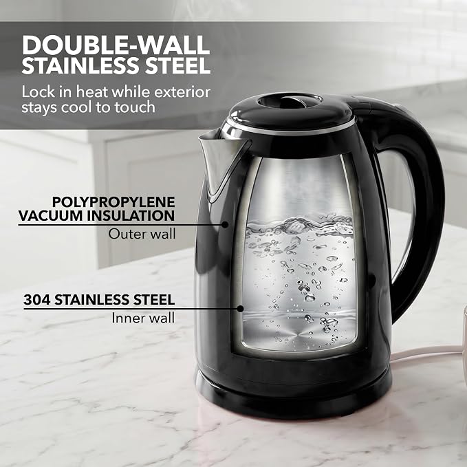 OVENTE 1.7L Double Wall Electric Tea Kettle, 1100W Water Boiler and Heater with Cool-Touch Exterior, Stainless Steel Insulated Interior, Auto Shut-Off, Boil-Dry Protection & Locking Lid, Black KD64B