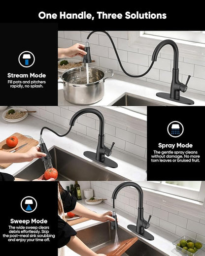 WEWE Vintage Kitchen Faucet with Pull Down Sprayer, Stainless Steel 1 or 3 Hole High Arc Single Handle Antique Sink Faucet for Classic Modern Ktichen, Matte Black Bar & Prep Sinks