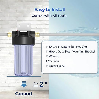 Whole House Water Filter Housing (WH-C10HD), 10" x 4.5" Sediment etc Filter Universal Housing, Pre-Filtration System for Well and City Water, 1" NPT Port, Pressure Release(Clear Housing)
