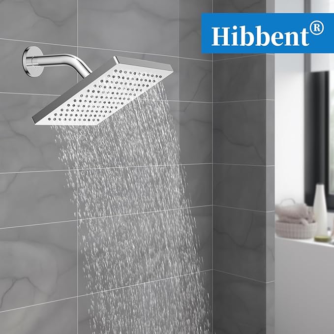 Hibbent cUCPC Certified Thickness Rain Shower Head, 8'' High Pressure Rainfall Shower Head, Square Bathroom Waterfall Shower Heads, High Flow Fixed Showerheads with Adjustable Brass Ball Joint, Chrome