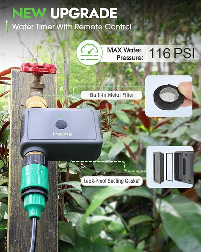 Insoma Remote Control Sprinkler Timer with Brass Inlet & Outlet, Garden Hose Timer Turns Water Off Automatically, Up to 120 Minutes of Run Time, for Faucet, Lawn, Drip, Soaker Hose, IP55 Waterproof