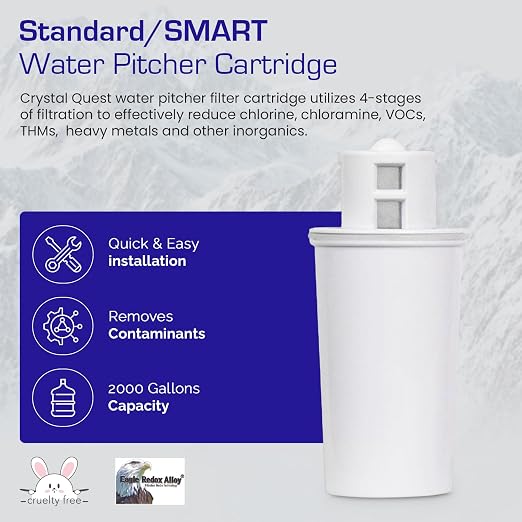Crystal Quest Standard/SMART Water Filter Pitcher Cartridge – Advanced Filtration for Clean, Healthy Water, Removes Contaminants, Long-Lasting, Easy Installation, 2,000 Gallons [Pack of 4]