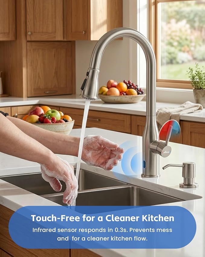APPASO Touchless Kitchen Faucet with Soap Dispenser and Pull Down Sprayer | Brushed Nickel S304 Stainless Steel cUPC Lead-Free Hoses Hands-Free Motion Sensor Faucets 3 Modes for Farmhouse RV Sink