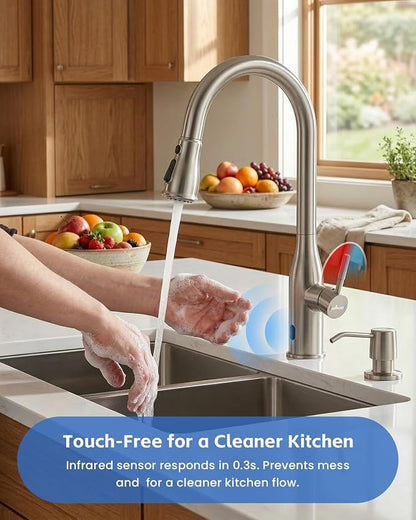 APPASO Touchless Kitchen Faucet with Soap Dispenser and Pull Down Sprayer | Brushed Nickel S304 Stainless Steel cUPC Lead-Free Hoses Hands-Free Motion Sensor Faucets 3 Modes for Farmhouse RV Sink
