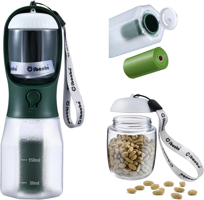 Cibaabo Dog Water Bottle with Food Container & Poop Bag Holder & Filter | Travel Water Bowl, Portable Pet Dispenser, Dog Gifts, Puppy Essentials for Walking Hiking