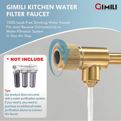 GIMILI Brushed Gold Drinking Water Faucet 3 in1 Commercial Style Pull-Down Single Handle Filter Kitchen Faucet for Water Filtration System,Without Water Filtration Device