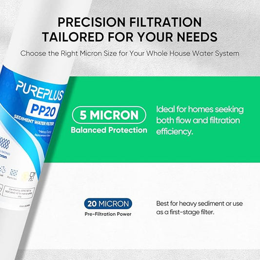 PUREPLUS 5 Micron 20" x 2.5" Whole House Sediment Home Water Filter, 20-inch Sediment Pre-Filtration, Replacement Cartridge Aqua Pure AP110-2C, Pentek P1-20/SP-P1-20/PX01-20, 4Pack