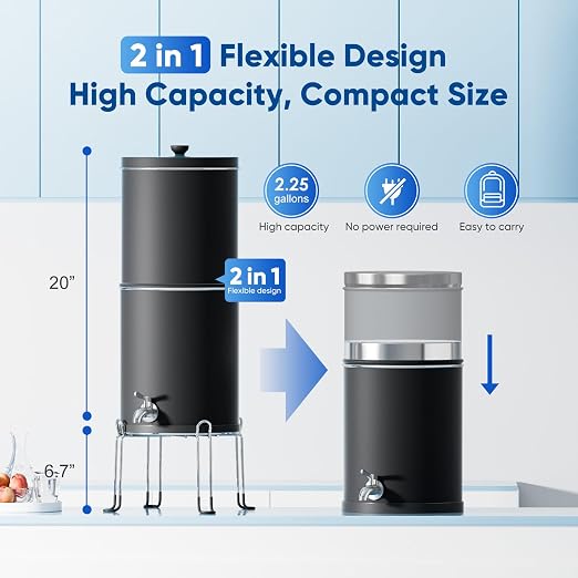 Purewell 3-Stage 0.01μm Ultra-Filtration Gravity Water Filter System, NSF/ANSI 42&372 Certification, 304 Stainless Steel Countertop System with 2 Filters and Stand, Reduce 99% Chlorine, 2.25G, PW-OB