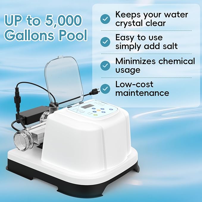 Saltwater Chlorinator System for Above Ground Pools up to 5,000 Gallons,Test Strip Included,Self-Cleaning Saltwater Pool Chlorinator Generator