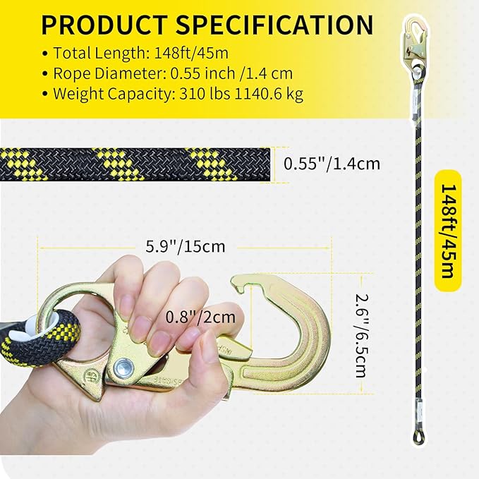 150FT Vertical Lifeline Assembly, Heavy Duty Fall Protection Safety Rope with Rope Grab, Steel Snap Hooks & Shock Absorber, Industrial Tower Climbing Safety Line Kit, ANSI CE