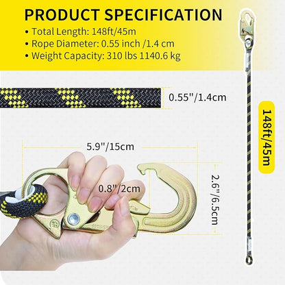 150FT Vertical Lifeline Assembly, Heavy Duty Fall Protection Safety Rope with Rope Grab, Steel Snap Hooks & Shock Absorber, Industrial Tower Climbing Safety Line Kit, ANSI CE